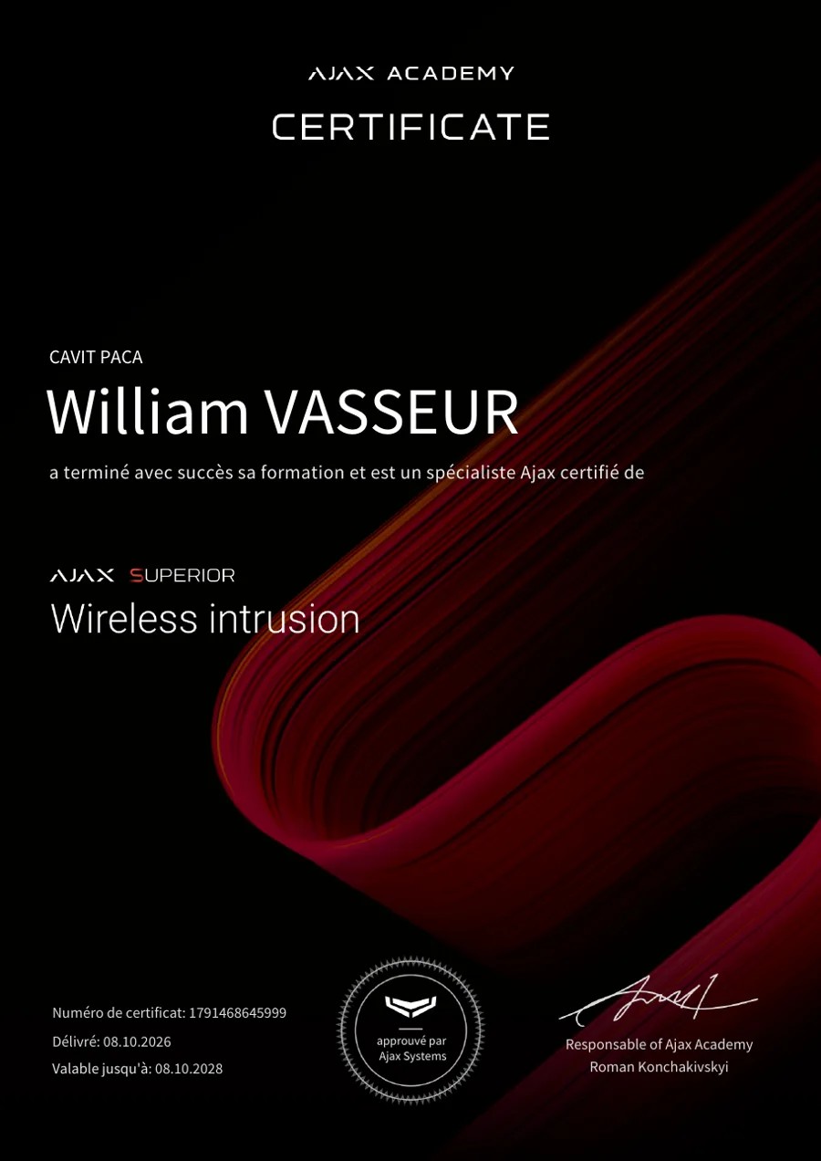 Certificat Ajax Academy — Ajax Superior, Wireless intrusion — William Vasseur, CAVIT PACA